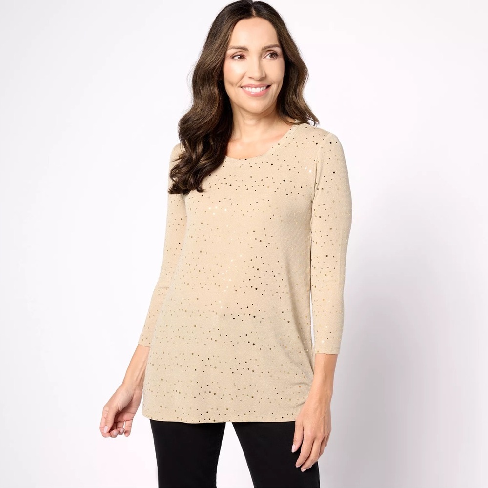 LOGO Layers by Lori Goldstein 3/4 Sleeve Sparkle Mesh Scoop Neck Top